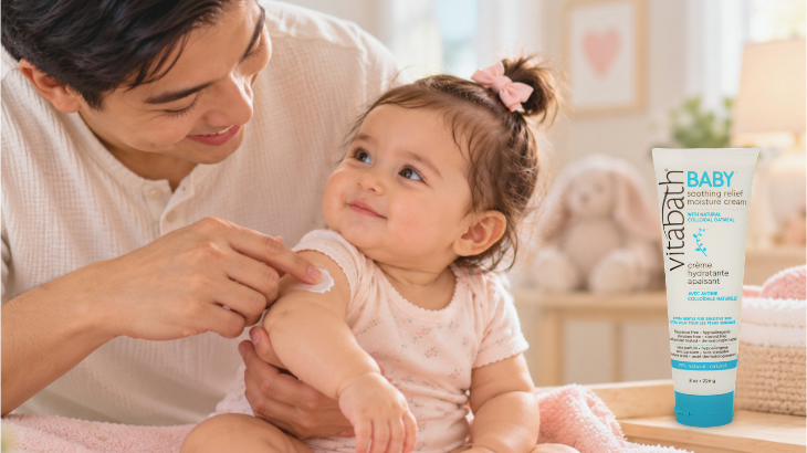 dad applying Vitabath Baby Soothing Relief Moisture Cream on baby